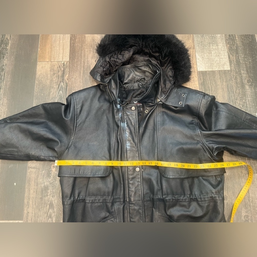 Vintage Wilsons Leather Long XL Black Faux Fur Trim Hooded Womens Coat 90’s - Picture 8 of 11